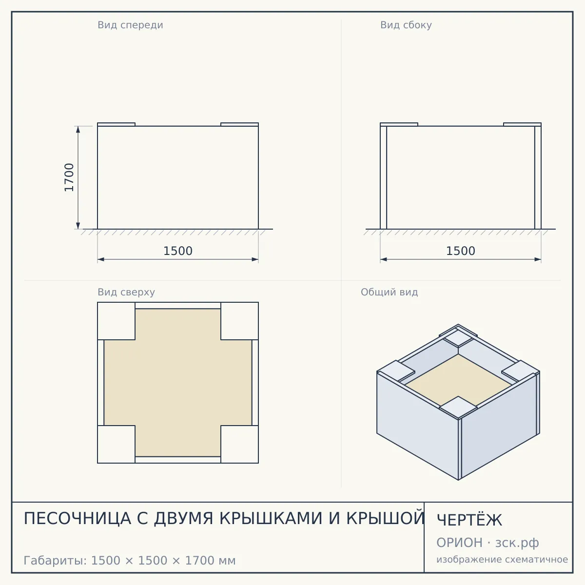 ПЕСОЧНИЦА С ДВУМЯ КРЫШКАМИ И КРЫШОЙ — чертёж